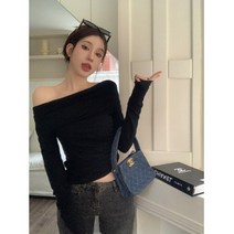 YAPOGI쇼트 그레이 티셔츠 여 봄 오프숄더 긴팔 슬림 이너탑