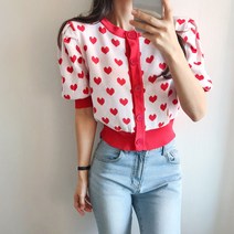 요시아나 [당일발송] 귀요미 하트패턴 퍼프소매 니트 반팔 가디건 -2컬러