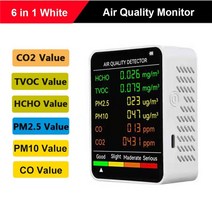 가스탐지기 pm2.5 pm10 hcho tvoc co co2 미터 디지털 온도 습도 테스터 lcd 이산화탄소 감지기 공기 품질 모니터, 6 in 1 화이트
