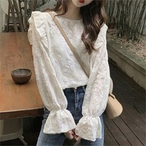 다잇템 여자 비침 로맨틱 크림색 페미닌 프릴 블라우스 (9781732)