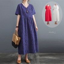 마마제이 여름 자카드 플라워 셔링 브이넥 원피스 빅사이즈 데일리 린넨 면 롱원피스