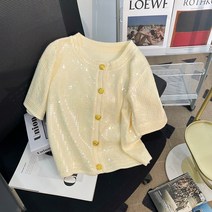 반짝이니트 스팽글 펄니트 여름 업 반팔 티셔츠 여성 짧은 탑 패션 라운드 넥 니트 카디건 조수