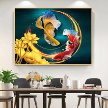 재물복 건강운 생기는 화려한 비단 잉어 커플 황금 연꽃 DIY 보석십자수 큐브 비즈 구슬, 60x45cm