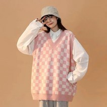 손뜨개조끼 오버핏 롱 크롭 니트조끼 플러스 사이즈 3xl 격자 무늬 인쇄 v-목 조끼 여성 어 기본 민소매 Preppy 스타일 니트 스웨터 대형