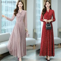 JUST FEEL!NG 플라워 쉬폰 원피스 핫골드 프릴롱원피스 봄가을긴팔 원피스 럭셔리원피스 민소매원피스 샬랑샬랑원피스