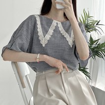 빅걸스토리 빅사이즈 여성 체크 레이스 러블리 캐주얼 루즈핏 블라우스