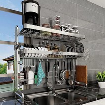 컴퍼니24 Loyal파이어 싱크대 접시 건조대 2단 스테인리스 스틸 대형 보관 조절가능 주방 랙 (62 cm 95 5 cm) 확장 가능 배수구 선반 및 컵 걸이 세트 포함, Silver