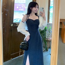 에브리바레 [원피스가디건] L-4XL 블루 데님 하트넥 트임 여성 빅사이즈 뷔스티에 나시 롱원피스 짧은 크롭 볼레로 가디건 여행룩 나들이룩 데이트룩