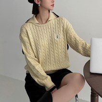 뜨개진 여성용 루즈핏 꽈배기 자수 라운드 오키쉬 카라넥 니트
