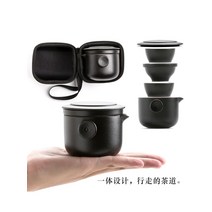휴대용 다기세트 캠핑 여행용 다도세트 세라믹 다관 찻잔 싱글 포트 세트, 올블랙, 1개