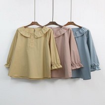 여자 라운드 미니 카라넥 프릴 면 블라우스