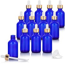 2 oz Cobalt Blue Glass Boston Round Bottle with Gold Metal and Glass Dropper (12 pack) + Funnel for, 2 Ounce, 60 ml