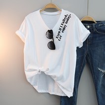 에버 레터링 V넥 티셔츠 여성용 브이 반팔티 오버핏 롱티 빅사이즈