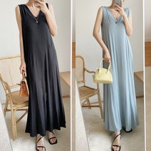 미소클로젯 안나 브이넥 민소매 롱 원피스