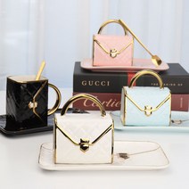가방 머그컵 홈카페 머그잔1p+도자기 플레이트1p+예쁜 스푼1p, 1세트, 블랙