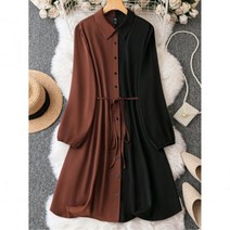 빅 사이즈 투 컬러 볼륨 소매 허리띠 셔츠 원피스 389059 멋진여성의 LUNE J