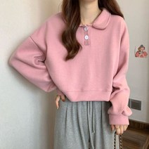 코키코키 / 투버튼 카라넥 크롭 맨투맨 귀여운 데일리 여성룩