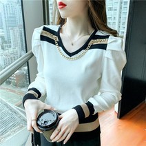 쩐쿠 가을 여성 라운드넥 긴소매 주름 퍼프 니트티 8269