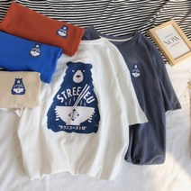 가바바 남성 반팔티 그릇을 든 곰 그림 포인트 오버핏 라운드 반팔티 G32529