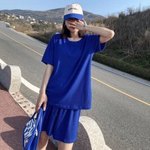 여성 여름 쿨 썸머 찰랑 반팔 상하 코디 세트 블루