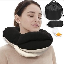 BUYUE 비행기용 여행용 목 베개 장거리 비행을 위한 360° 머리 지지 수면 필수품 피부 친화적 및 통기성 3D 윤곽 아이 마스크 이어플러그 및 보관 가방 포함 키트, Adult, Black