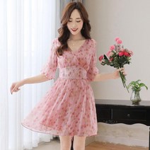 플라워원피스 여름 여성 핑크 쉬폰 작은 키 프렌치 산들바람 2900258948