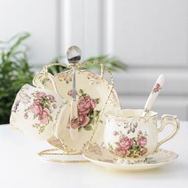 Z3JC 고급 유럽식 세라믹 커피잔 세트, 로즈 2컵 2접시 2스푼 선반 선물