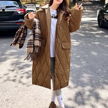 니트 후드 탈부착 퀄팅 카라 여성 롱 패딩 겨울 아우터 점퍼