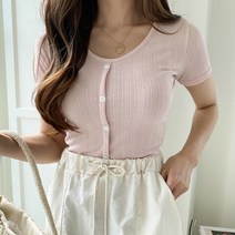 네쥬 여성 여름 슬림핏 유넥 버튼 데일리 반팔 니트