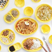 분식집그릇 옛날분식 떡볶이 나눔접시 멜라민 레트로식기 노란색 노랑마블 포장마차 중국집 라면 우동 앞접시, 원형 3칸 (지름 18.8cm)