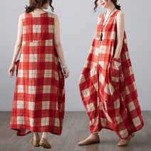 빅사이즈 여성의류 린넨원피스 빈티지 체크 오버핏 민소매 나시 롱원피스