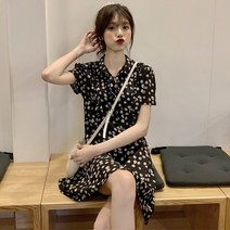 플라워원피스 스위트 숏 큐트 플랫카라 작은 키 150 여름옷 러블리 무드 155 왜소 극 신선 4803443599, 블랙 XL