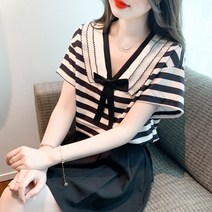 여름 마린 스트라이프 블라우스 리본 레이스 반팔 블라우스