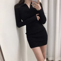 [랜덤플레이] 브이넥 카라 골지 니트 슬림 원피스