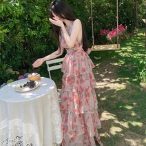 [랜덤플레이] 홀터넥 플라워 캉캉 프릴 쉬폰 롱원피스