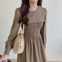라운드 스퀘어 빅카라 스모크밴딩 긴팔 롱 하객원피스