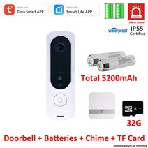 스마트초인종 Tuya 스마트 WiFi 지원 비디오 초인종 IP55 야외 무선 오디오 135 ° 시야각 배터리 도어 벨 카메라 부저 사이렌 소리, Option 2 - 미국 플러그