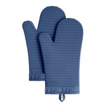키친에이드 리브드 소프트 실리콘 오븐 미트 세트 블루 윌로우 2개, KitchenAidBlue Willow