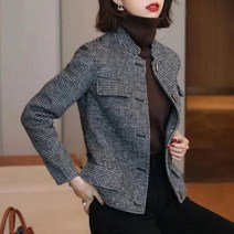 여성 봄 체크 자켓 코디 모직 코트 스탠드 업 카라 오버핏 싱글