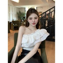 청순 오프숄더티 프릴 원숄더 세미크롭 민소매 티셔츠