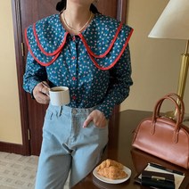 두겹 빅카라 플라워블라우스 소매셔링 코튼 블라우스 배색