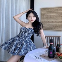 파티드레스 프랑스 스타일 틈새 탈출 공주 파란색과 흰색 도자기 튜브 탑 드레스 짧은 작은, L+Blue and white porcelains