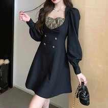 Amaethon 가을 여성 체크 스퀘어넥 미니 원피스