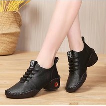 가을 엄마신발 여광장 댄스 굽 낮은 캐주얼 단화 리얼 가죽 플로어 중장년 크로스 스트랩 댄스화
