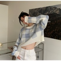 줄리엔느 여성 체크 크롭 니트 스웨터
