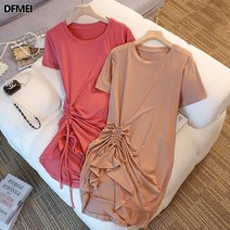 DFMEI 반팔 원피스 여 여름 스트링 티셔츠 스커트 플레어 스커트