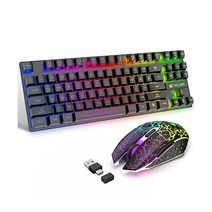 무선 게이밍 키보드 마우스 콤보 레인보우 백릿 87 Keys Membrane 2.4GHz 충전식 4000mAh 듀얼-헤드 USB 타입 C 리시버 PC/스마트 폰/노트북 랩탑/태블릿, Black