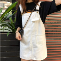 여성 캐주얼 빅사이즈 데님 멜빵치마 원피스, 화이트