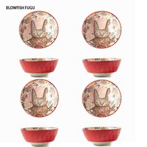 BLOWFISH FUGU 북유럽 그릇 세트 캐릭터 밥그릇, 빨간 토끼요, 4P4.5인치입니다