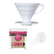 하리오 V60 PP 핸드 드립 3~4인용 드리퍼 VD-02W + 여과지 VCF-02-100M 100p + 계량스푼 세트, 1세트, 화이트(드리퍼), 브라운(여과지)